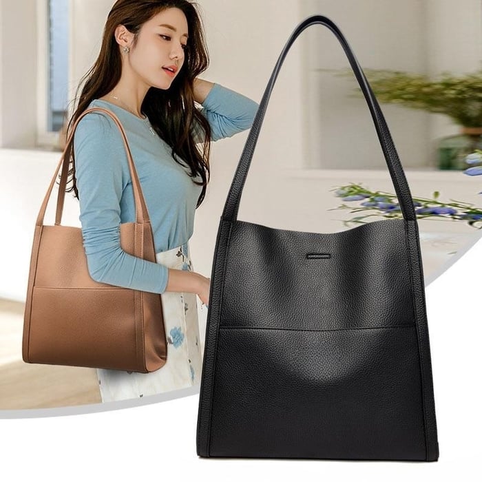 Bolso de hombro liso y unicolor de cuero genuino