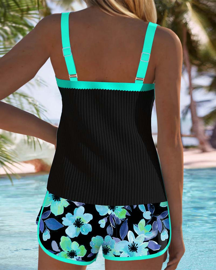 Coral | Tankini con Top Acanalado y Shorts Florale