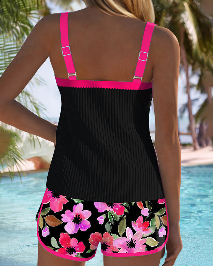 Coral | Tankini con Top Acanalado y Shorts Florale
