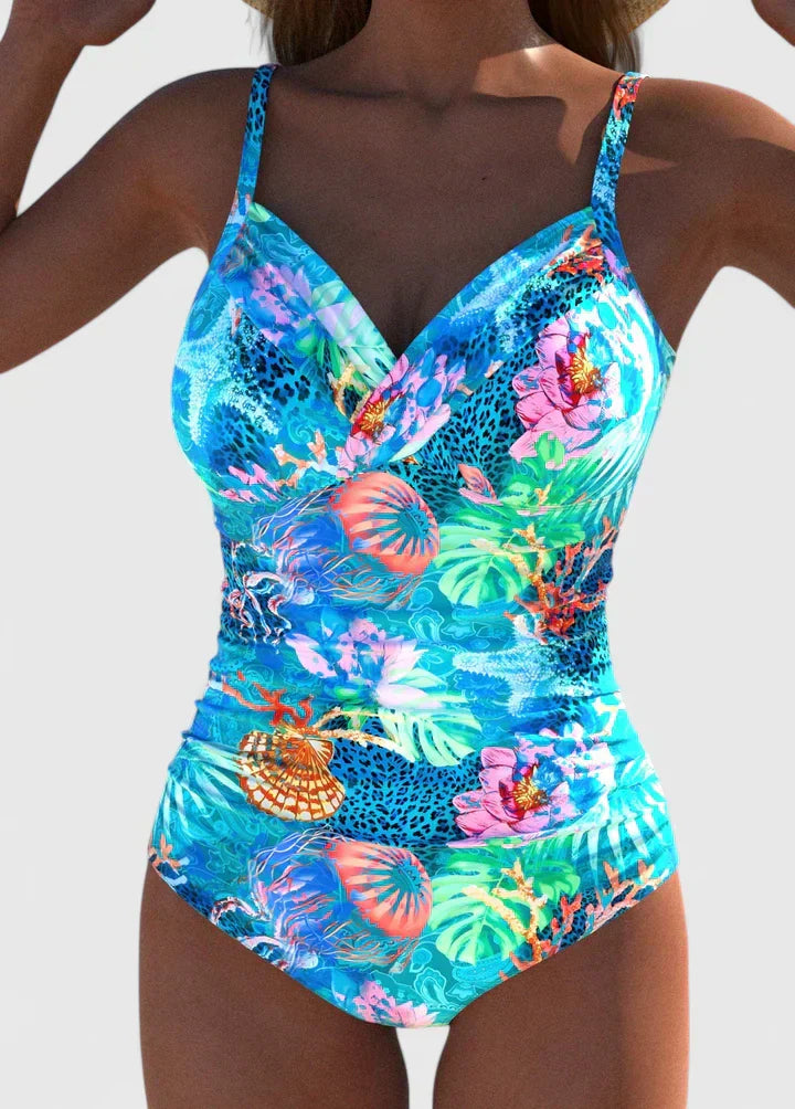 Bañador mujer una pieza tropical marino escote V moldeador
