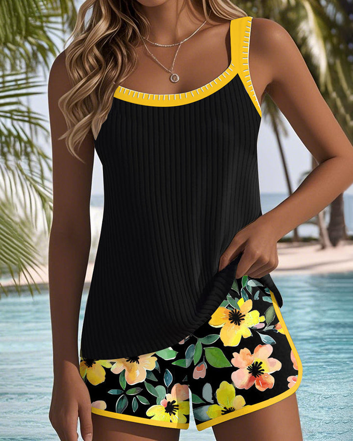 Coral | Tankini con Top Acanalado y Shorts Florale
