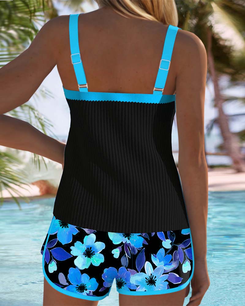 Coral | Tankini con Top Acanalado y Shorts Florale
