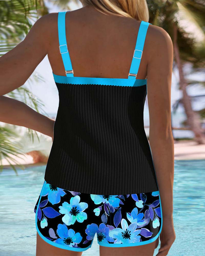 Coral | Tankini con Top Acanalado y Shorts Florale
