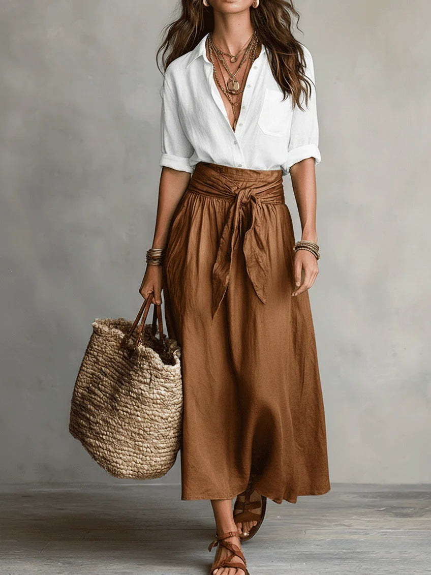 Camila | Conjunto de Dos Piezas: Camisa Negra y Falda Midi Verde Oliva