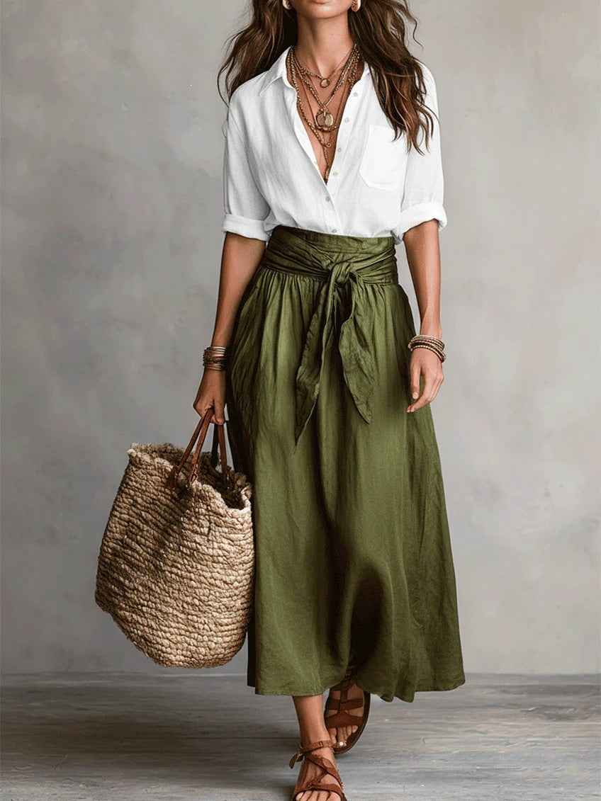 Camila | Conjunto de Dos Piezas: Camisa Negra y Falda Midi Verde Oliva