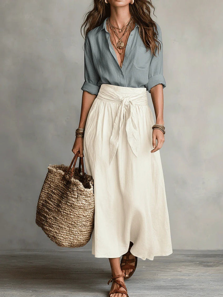 Camila | Conjunto de Dos Piezas: Camisa Negra y Falda Midi Verde Oliva