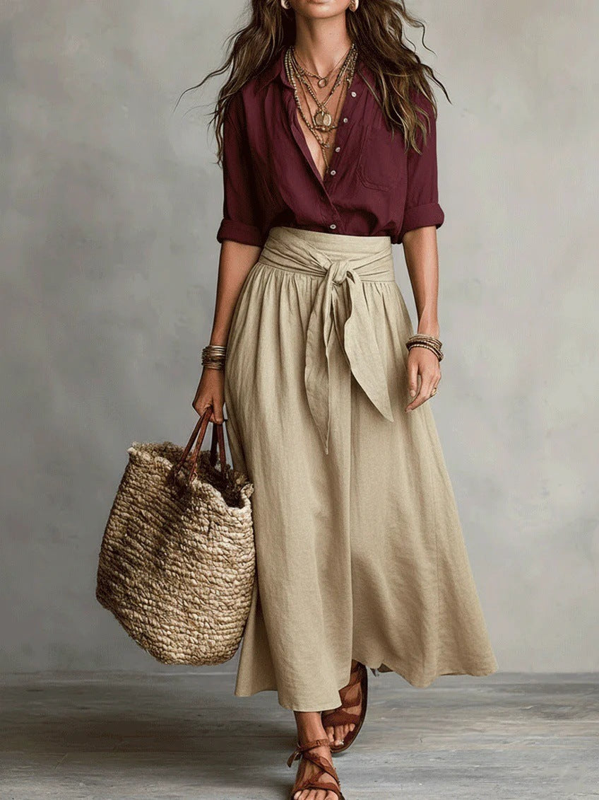 Camila | Conjunto de Dos Piezas: Camisa Negra y Falda Midi Verde Oliva