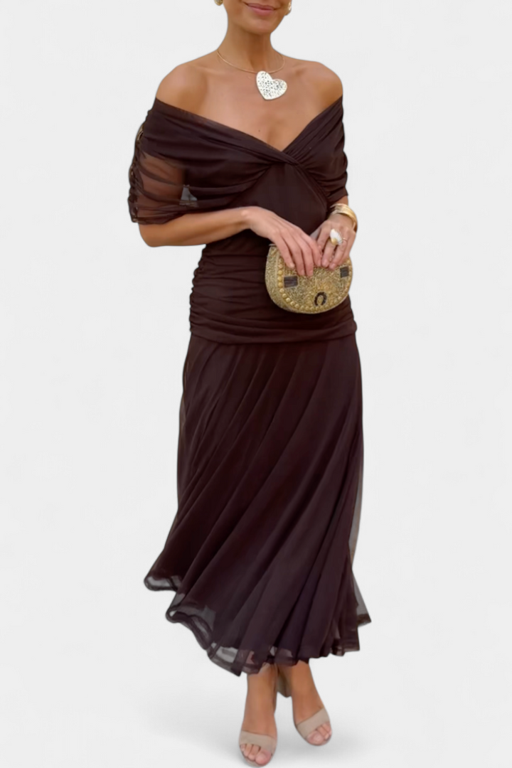 Iselina | Vestido largo fruncido para mujer con cuello en V elegante | Fluido