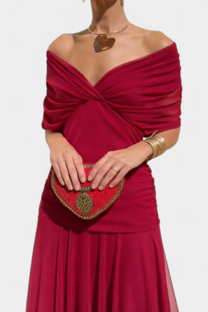 Iselina | Vestido largo fruncido para mujer con cuello en V elegante | Fluido