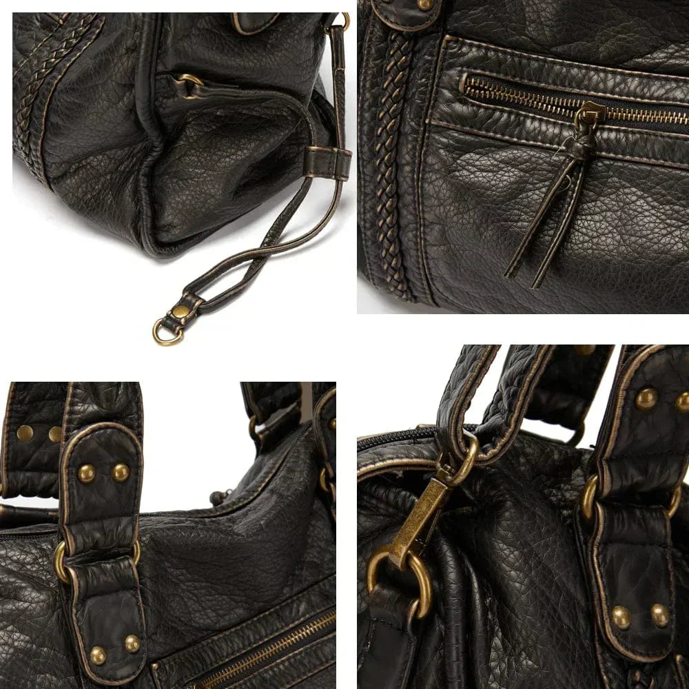 Bolso de Mano de Cuero Negro Vintage Elegante