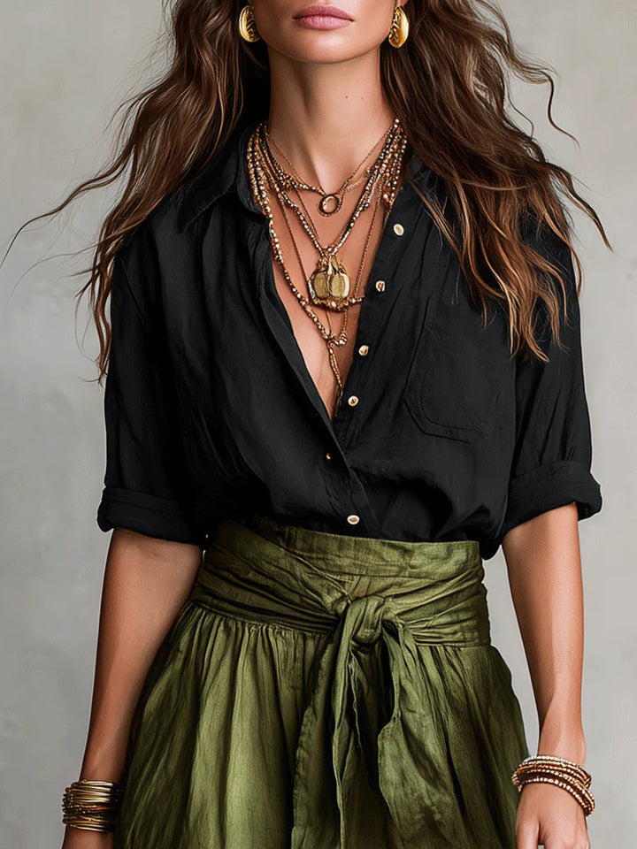 Camila | Conjunto de Dos Piezas: Camisa Negra y Falda Midi Verde Oliva