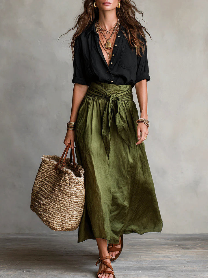 Camila | Conjunto de Dos Piezas: Camisa Negra y Falda Midi Verde Oliva