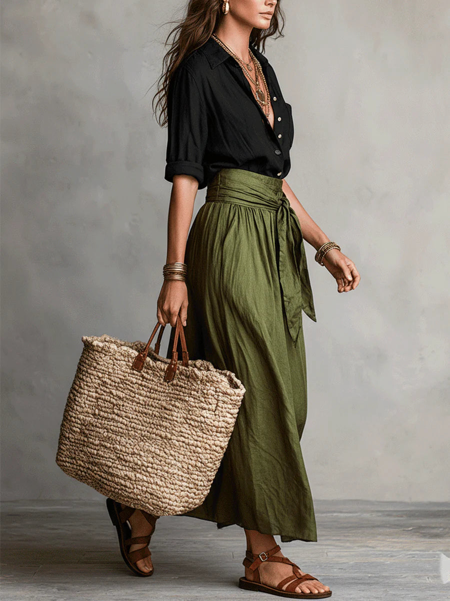 Camila | Conjunto de Dos Piezas: Camisa Negra y Falda Midi Verde Oliva