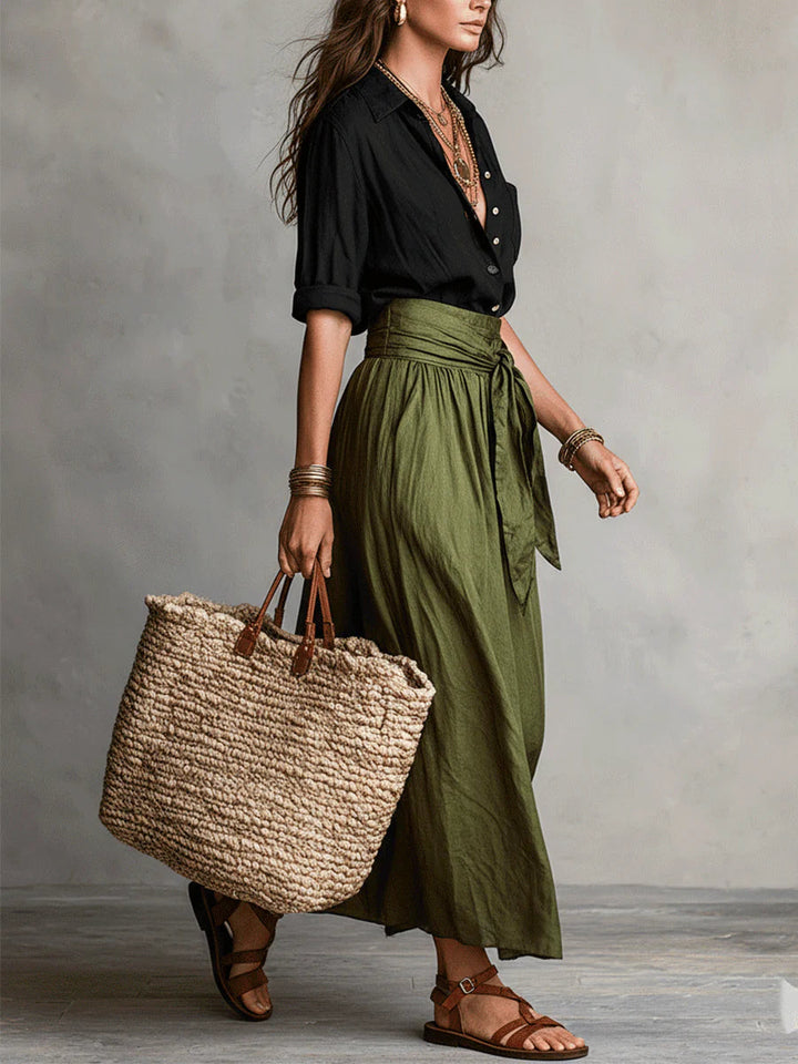 Camila | Conjunto de Dos Piezas: Camisa Negra y Falda Midi Verde Oliva