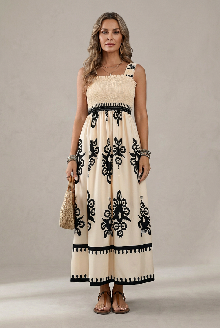 Martina | Vestido Plisado con Escote Cuadrado y Cintura Elástica