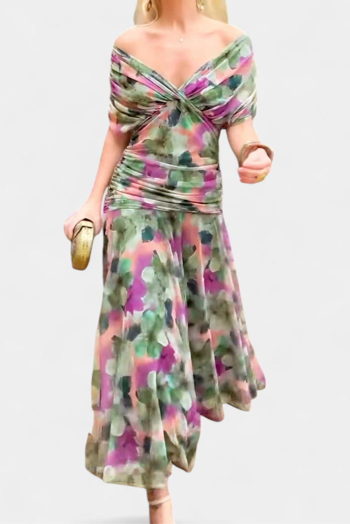 Iselina | Vestido largo fruncido para mujer con cuello en V elegante | Fluido