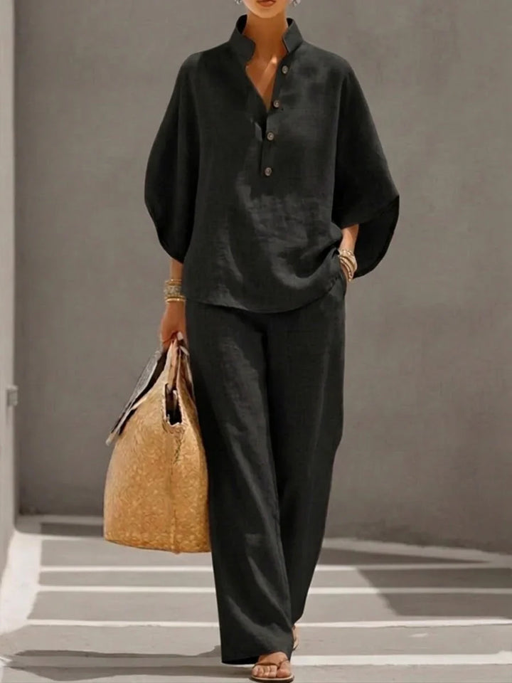 Maribel | Conjunto de Lino con Blusa Murciélago y Pantalón Ancho
