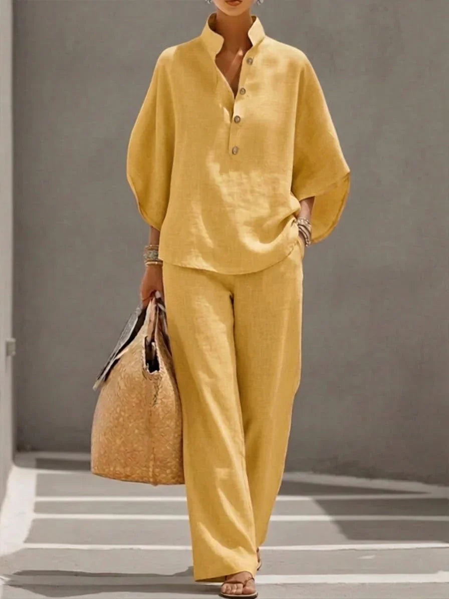Maribel | Conjunto de Lino con Blusa Murciélago y Pantalón Ancho