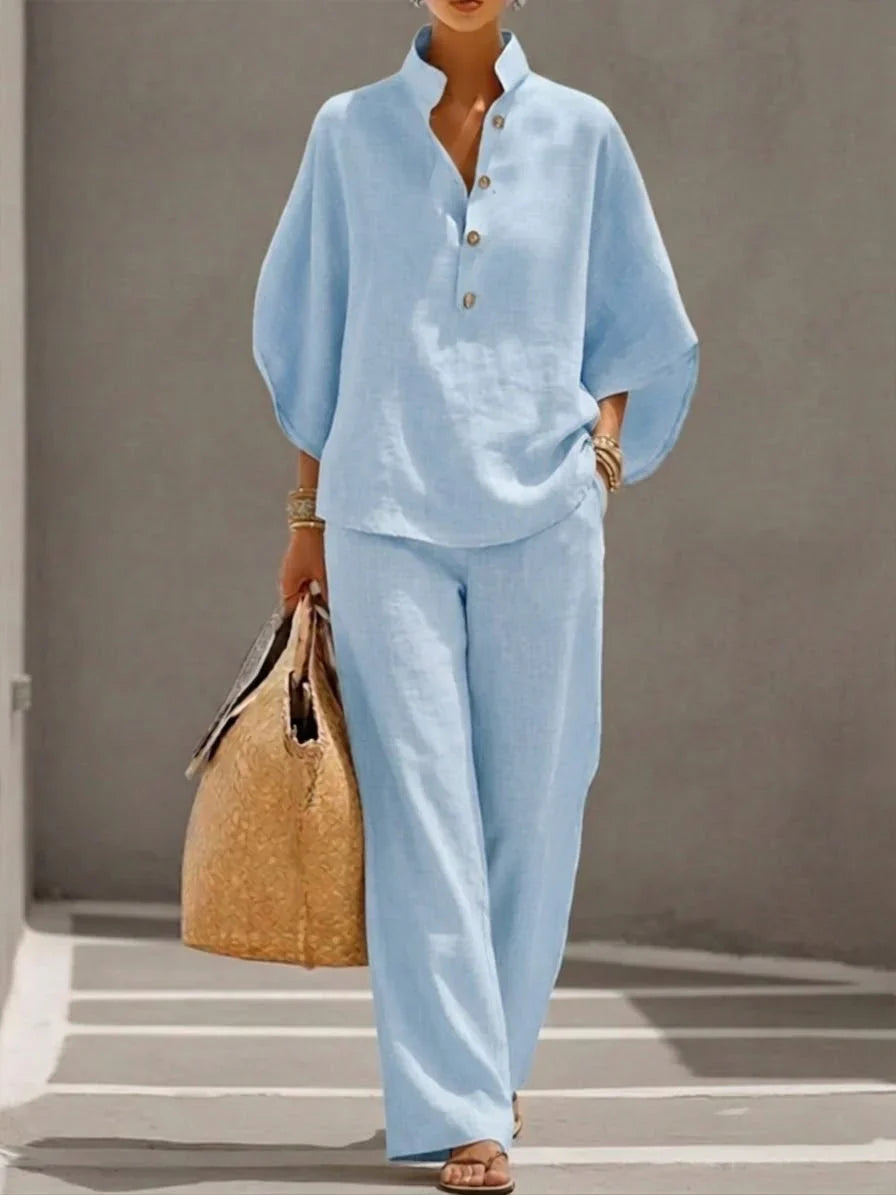 Maribel | Conjunto de Lino con Blusa Murciélago y Pantalón Ancho