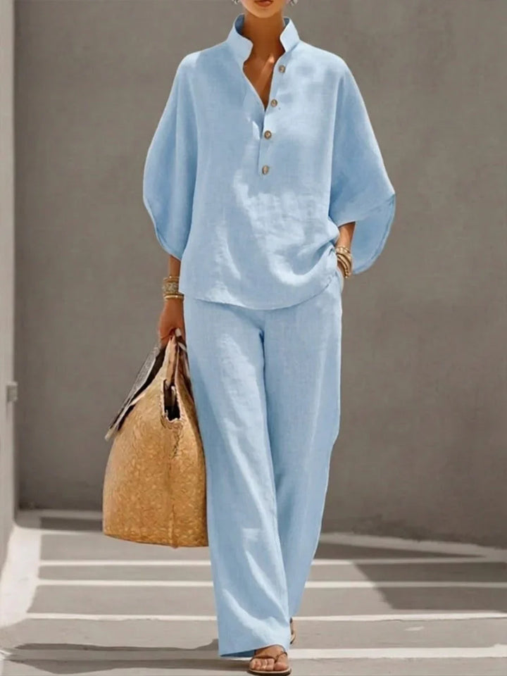 Maribel | Conjunto de Lino con Blusa Murciélago y Pantalón Ancho
