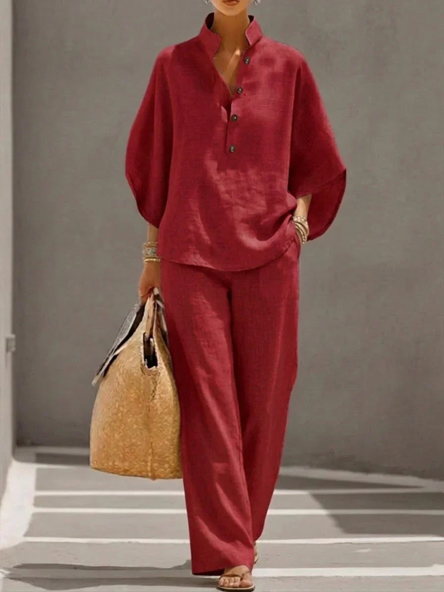 Maribel | Conjunto de Lino con Blusa Murciélago y Pantalón Ancho