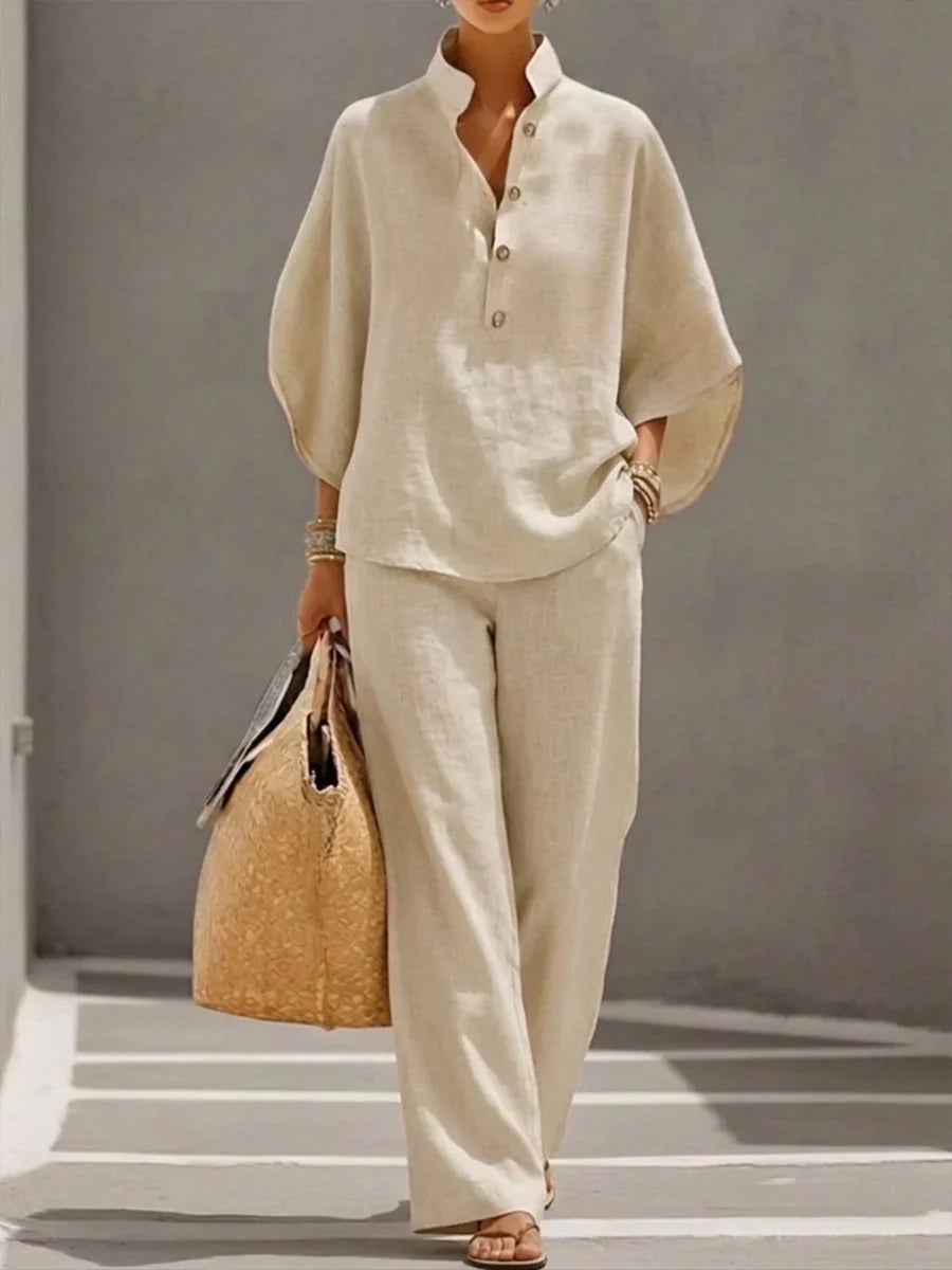 Maribel | Conjunto de Lino con Blusa Murciélago y Pantalón Ancho