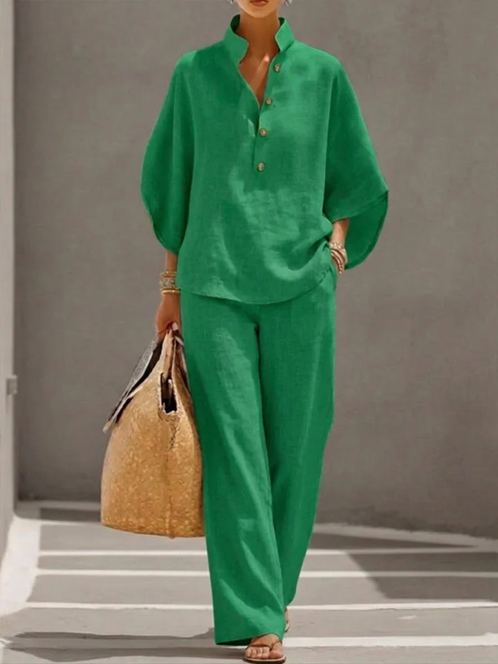 Maribel | Conjunto de Lino con Blusa Murciélago y Pantalón Ancho